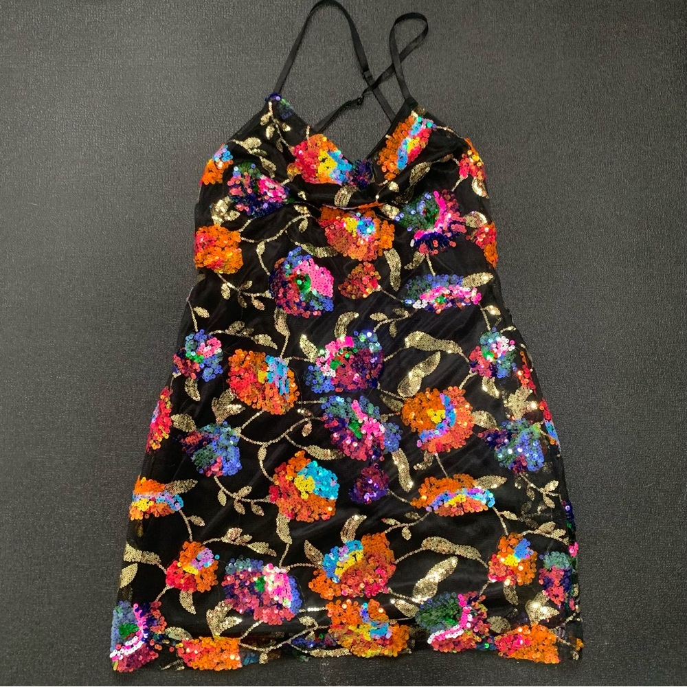 Floral Sequin Dress with Spaghetti Straps, black pink orange purple green